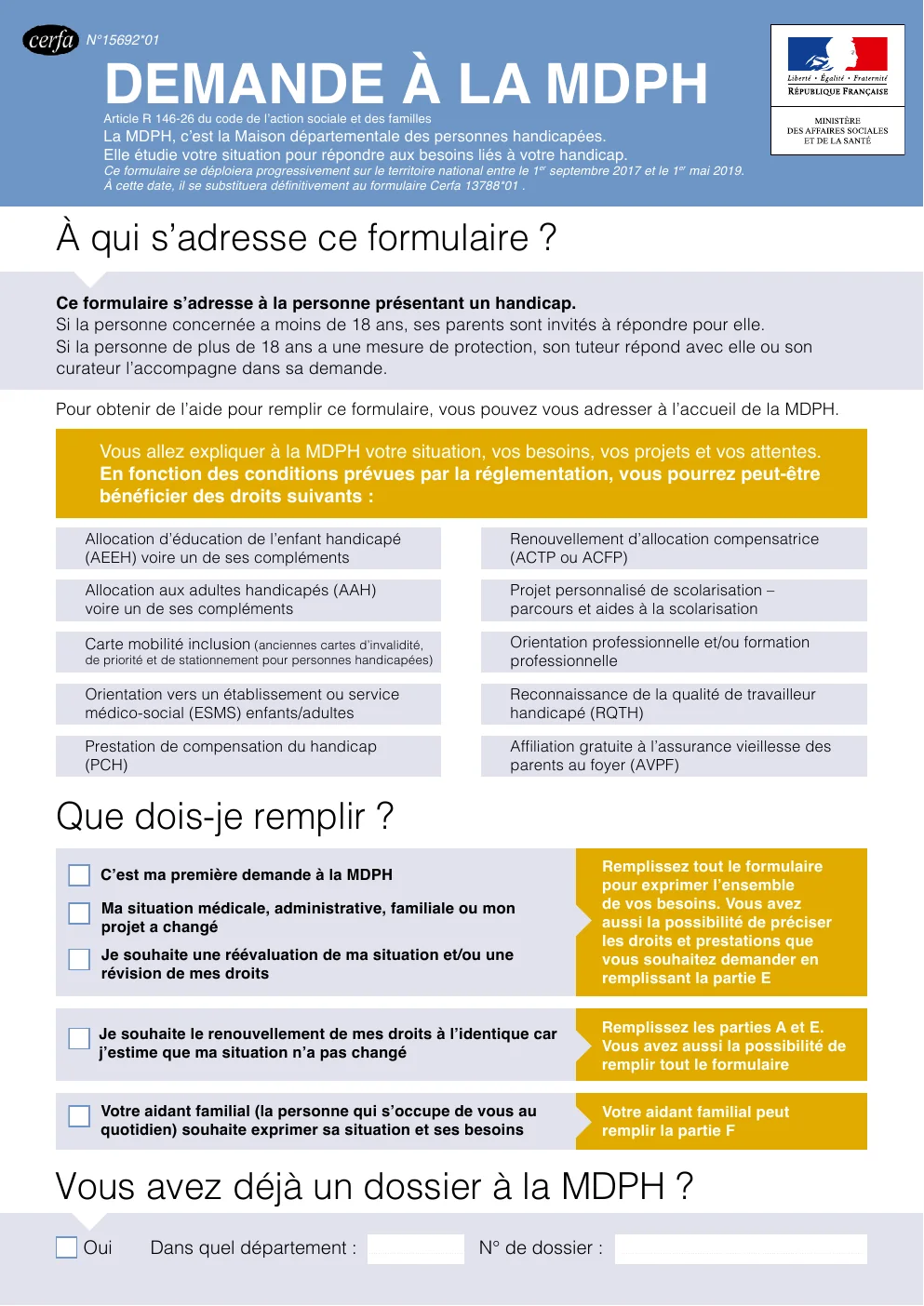 Première page du Cerfa officiel de demande à la MDPH